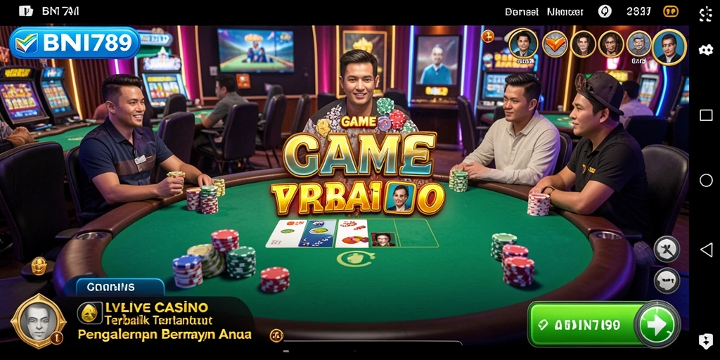 Screenshot gameplay BNI789 dengan dealer live dan meja permainan.