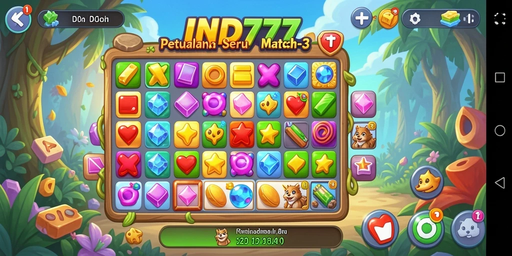 Tangkapan layar IND777 menampilkan gameplay Match-3 yang menarik dan penuh warna.