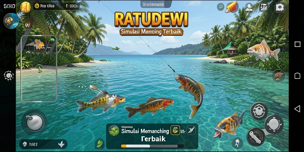 Screenshot gameplay yang menunjukkan momen menangkap ikan di RATUDEWI.