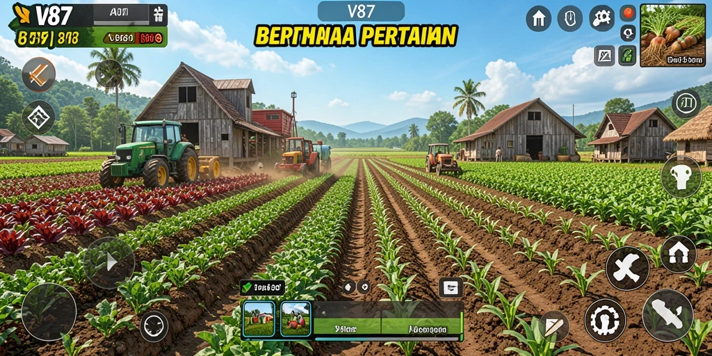Screenshot menunjukkan gameplay seru dalam bertani di V87.