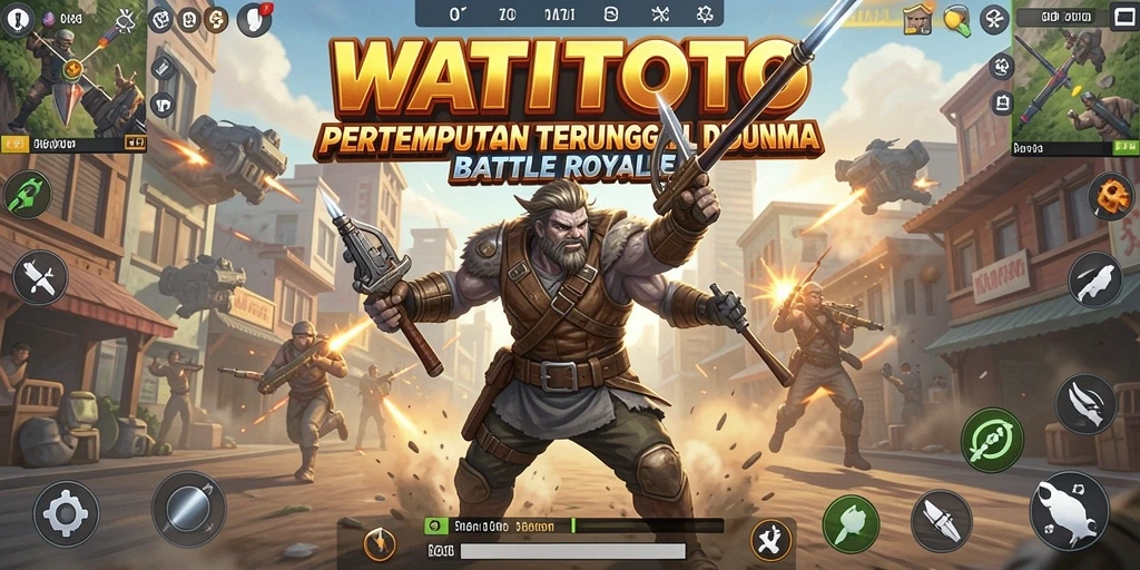 Screenshot gameplay WATITOTO menampilkan momen pertempuran seru di arena Battle Royale.