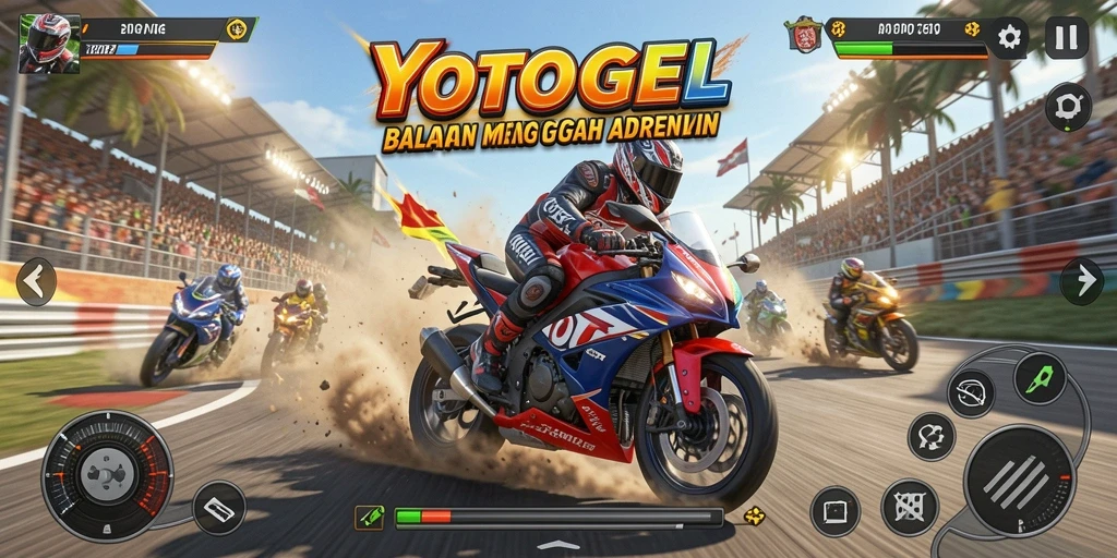 Gameplay seru YOTOGEL dengan balapan motor cepat.